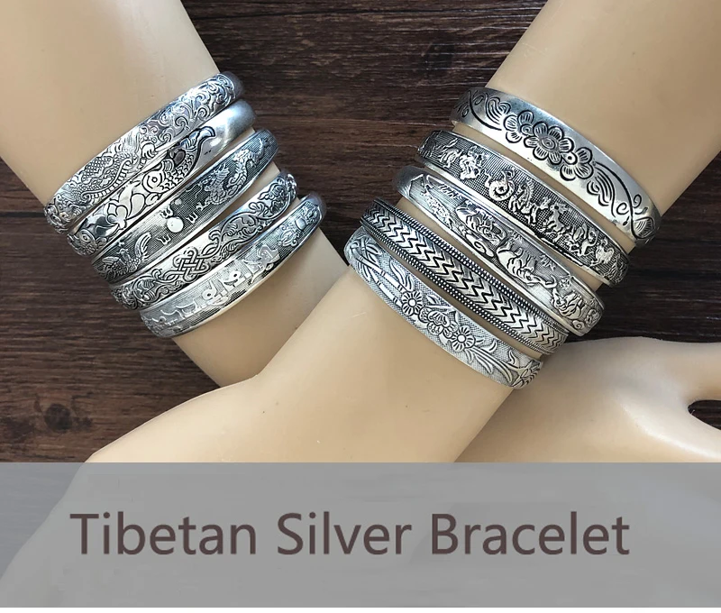 Новые Ретро Браслеты-манжеты Тибетский серебристый металлический резной рыбы слон цветок браслеты винтажные цыганские украшения женские подарки