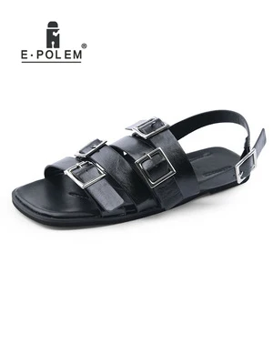 

Summer New Arrival Women's Black Sandals Flat Casual Shoes PU Leather Sandals Outdoors Wearing