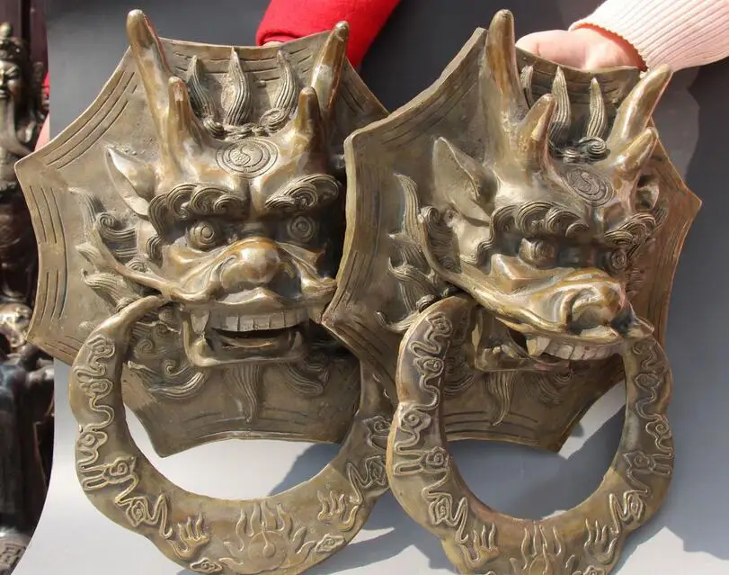 

16" Chinese Bronze Carving Gossip Dragon Head Knockers Door Knocker Pair Statue