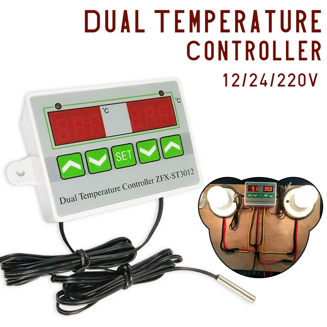 1PCS Digital LED Dual Thermometer Temperature Controller Thermostat Incubator Control Microcomputer Dual Probe AC 220V 12V 24V