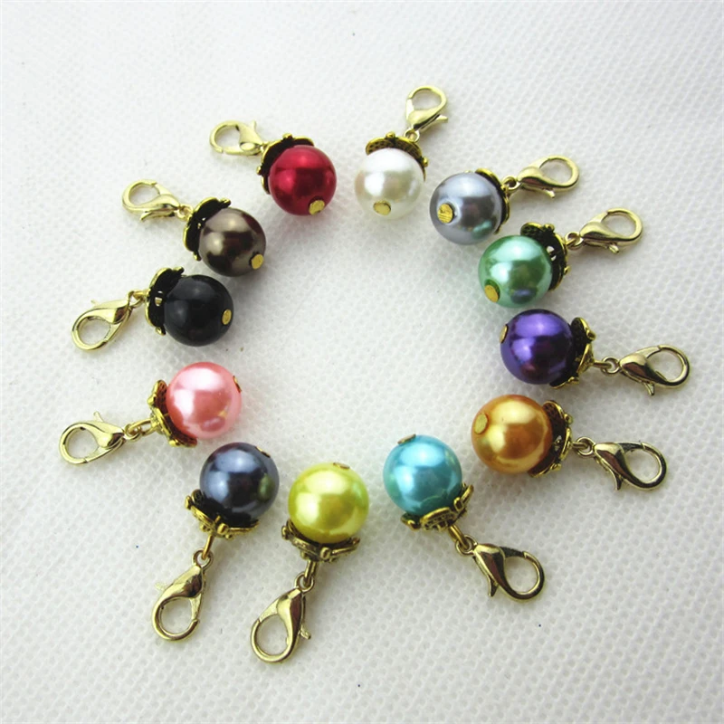 

60pcs/lot Gold mix 12 color Pearl dangle charms lobster clasp charms diy bracelet jewelry accessory hanging floating charms