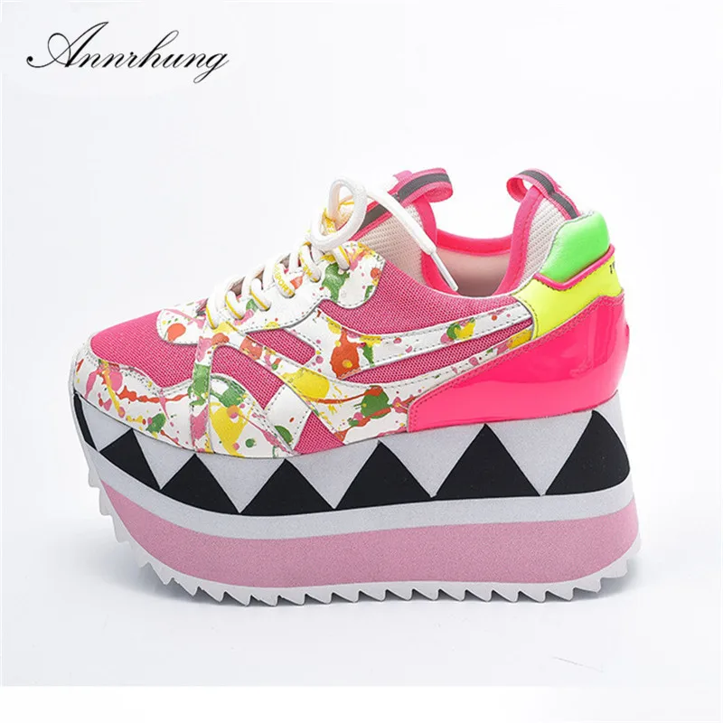 

Fluorescent Mixed Color High Heel Flat Platform Shoes Women Air Mesh Lace-Up Thick Bottom Flats Colourful Fashion Shoes Woman