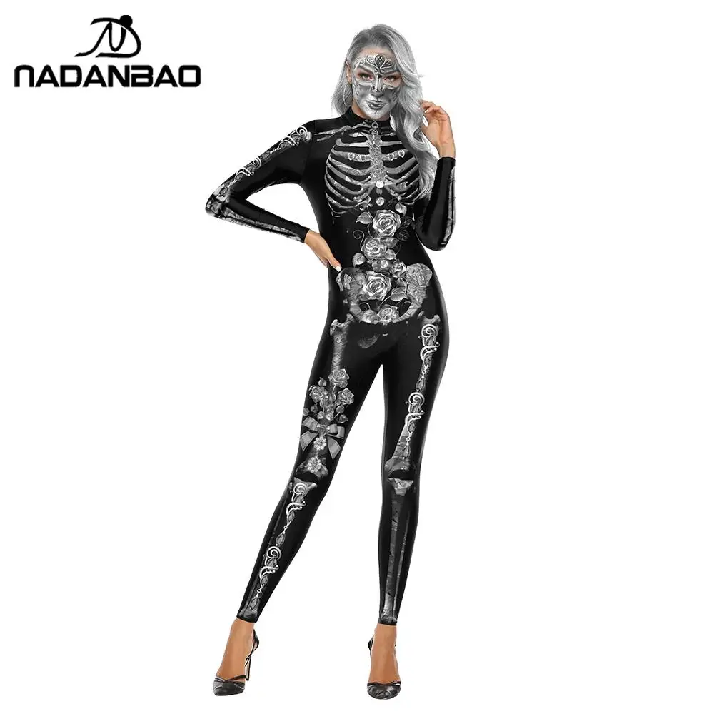 NADANBAO Scary Purim Carnival Cosplay Costume Gold Skeleton Bodysuit Women Halloween Crystal Skeleton Elastic Catsuits