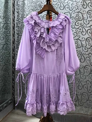 purple Белое фиолетовое платье, летние модные вечерние платья, женское платье с рукавами-фонариками и рюшами, лоскутное шелковое хлопковое платье с вышивкой - Цвет: purple