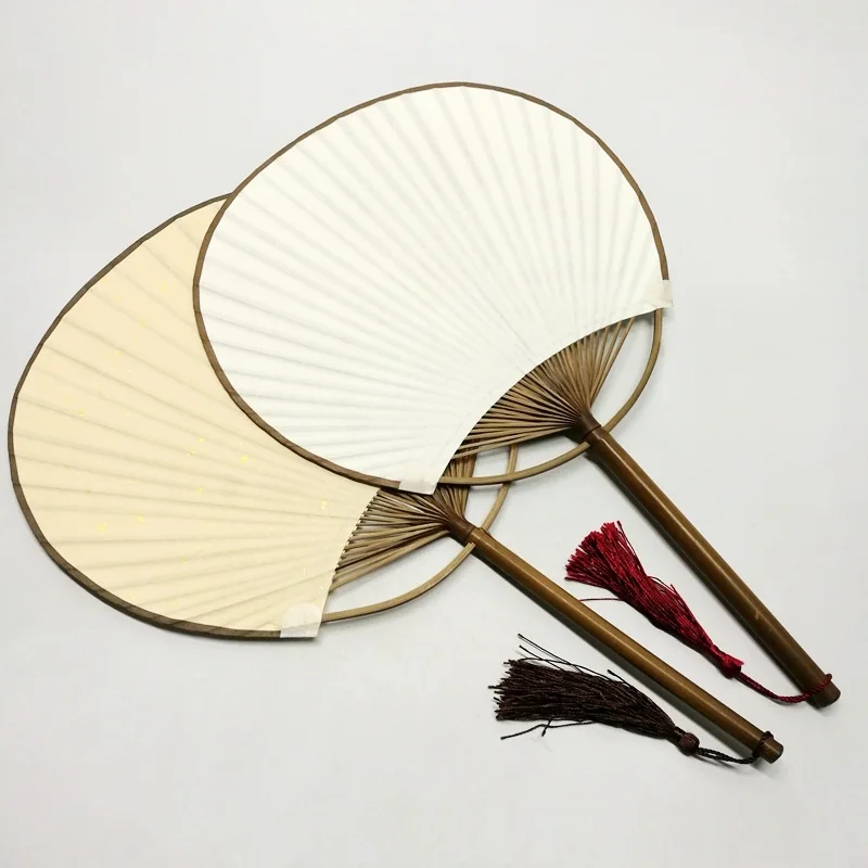50pcs Japanese Style White Paddle Paper Hand Fan with Tassels Party