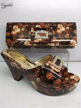 

Most popular flower print high heel sandal shoes with purse bag set for party GY18 heel height 8cm