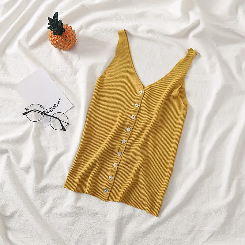 

Women's Knitteed Ribbed V Neck Crop Tank Tops Solid Sexy Single-breasted Sleeveless Stretch Buttons Camis 2019 Summer Lady Vests