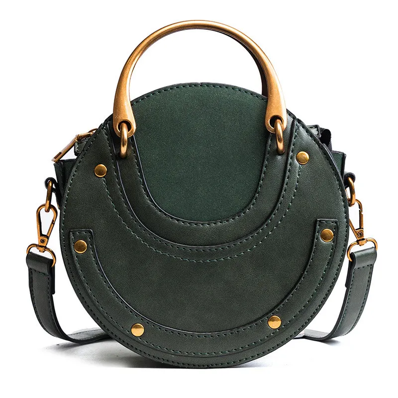 

Women Circular Scrub Leather Retro Metal Ring Handbag Girls Small Round Shoulder Bag Lady Mini Crossbody Package Messenger Bag