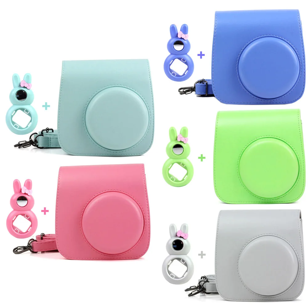 5 Colors Quality PU Leather Camera Case and Rabbit Close-Up Selfie Lens for Fujifilm Instax Mini 9/ Mini 8 Instant Film Camera