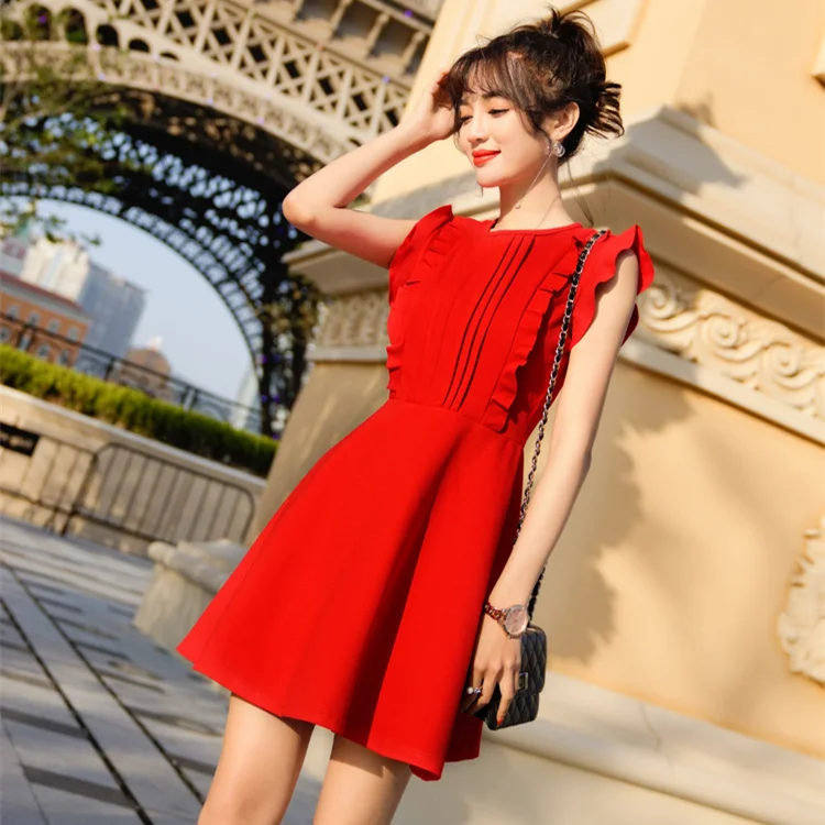 

Red Dress Women Summer 2019 Korean Style Elegant Ruffle Sleeveless High Waist A Line Short Dress Black vestido vintage D471