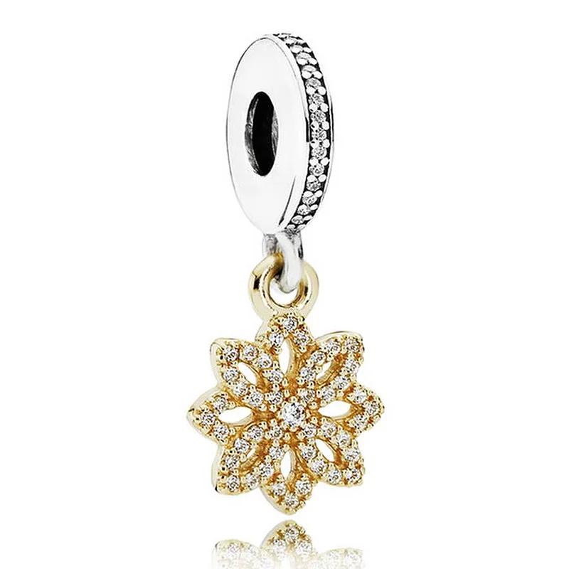 

Authentic 925 Sterling Silver Bead Charm Gold Floral Flower With Crystal Pendant Beads Fit Pandora Bracelet Diy Jewelry