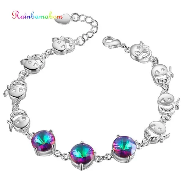 

Rainbamabom Real 925 Solid terling Silver Round Cut Mystic Rainbow Topaz Gemstone Bangle Cuff Bracelets Fine Jewelry Wholesale