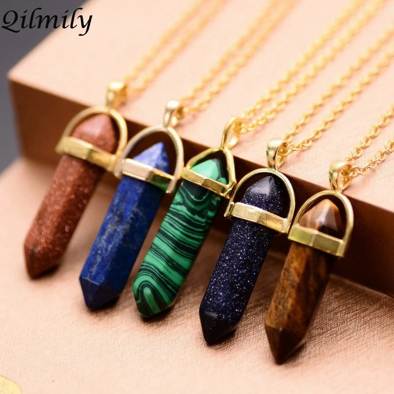 

Qilmily Natural Stone Crystal Opal Pendant Necklace for Women Bullet Shape Quartz Gem Statement Necklaces Jewelry Gift Souvenirs