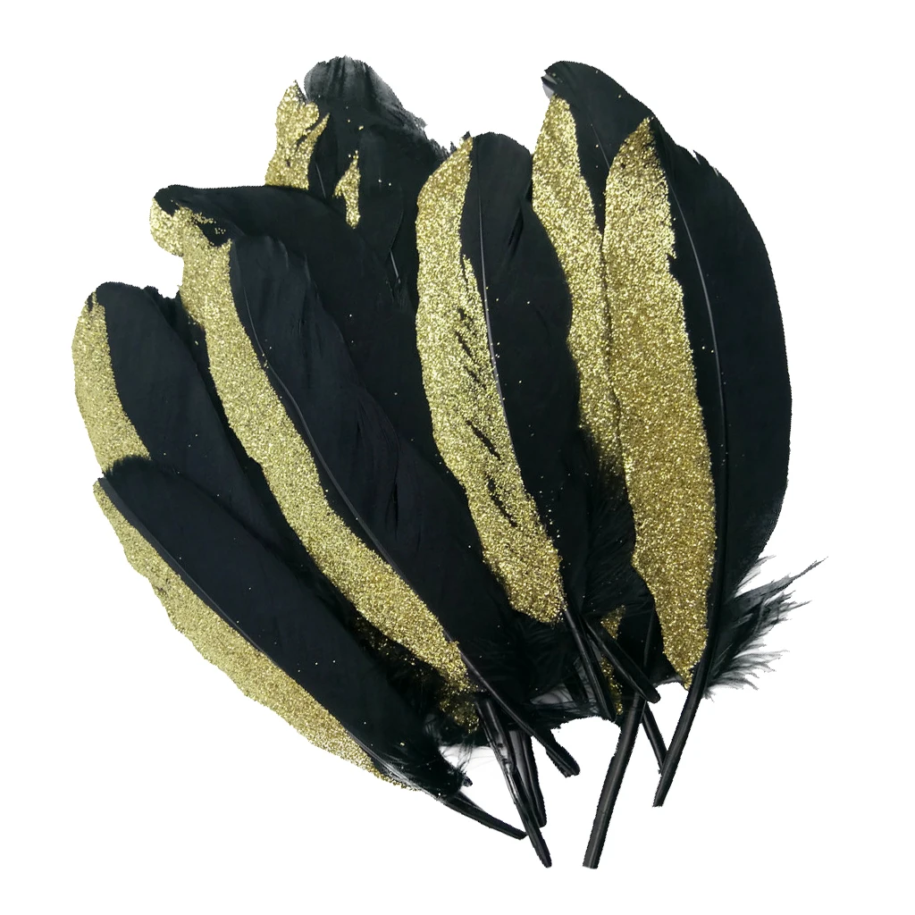 12 Piece Dyed Natural Goose Feather Trim for Millinery DIY Art Crafts Party Decoration Black and Gold 15-20cm