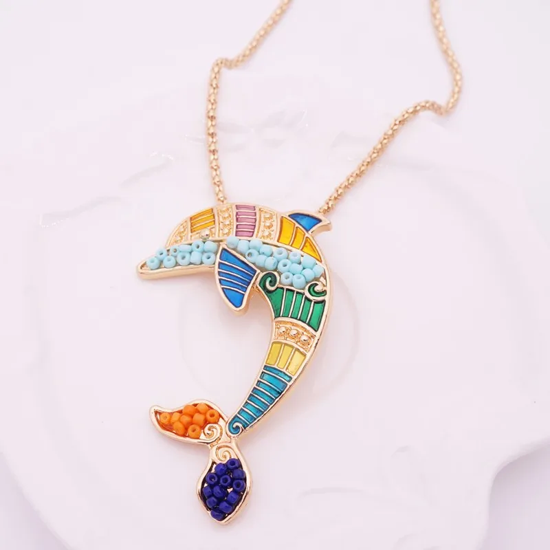 Weryffe /Ét/é/émail Dauphin Ensembles De Bijoux pour Les Femmes Animal Dauphin Collier Boucles doreilles Ensemble Unique Ethnique Bijoux De Mer dor