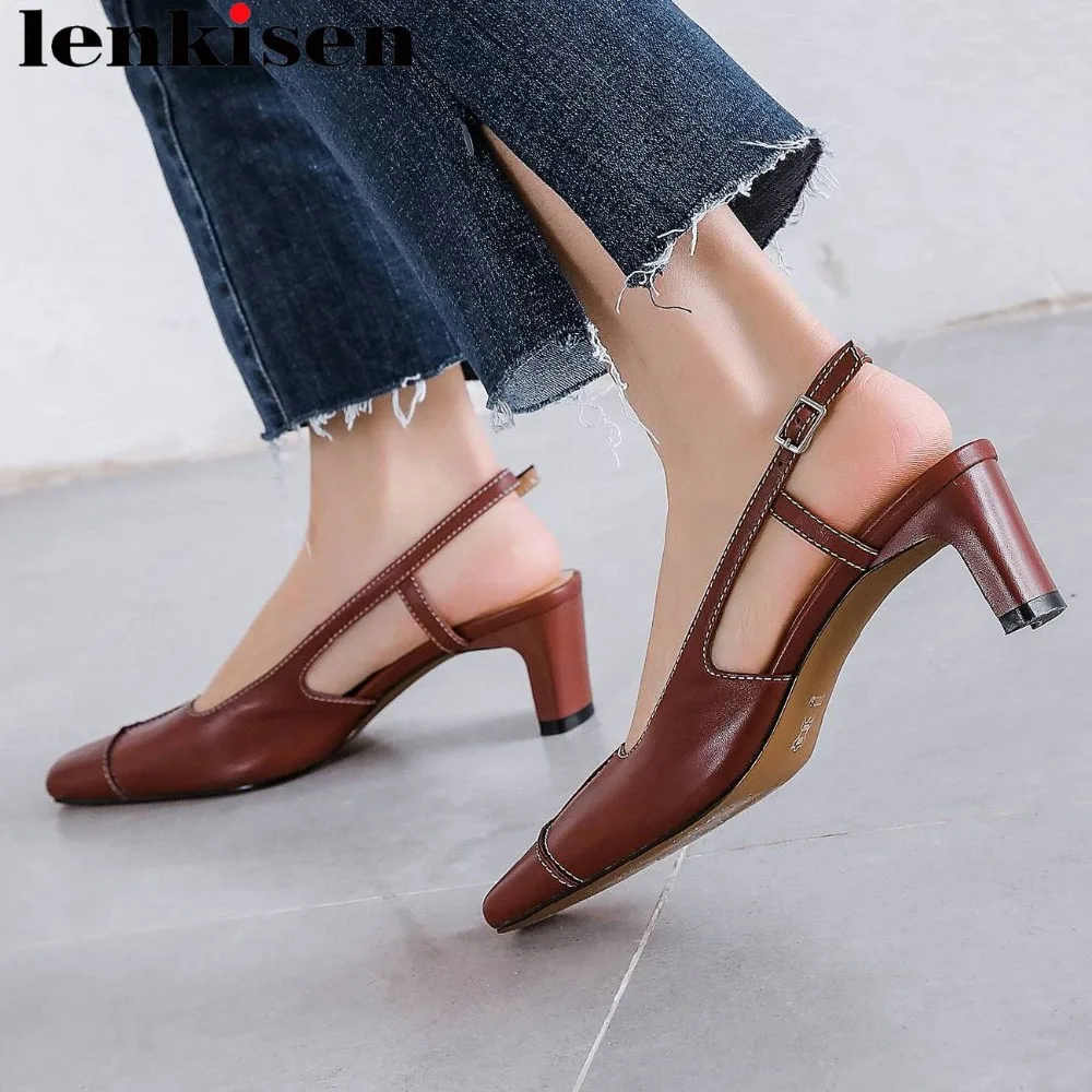 

Lenkisen elegant lady slingback gladiator full grain leather slip on women sandals vintage square toe vocation party shoes L01