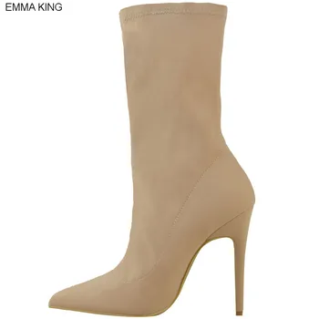

New botas mujer Pointed Toe Thin High Heels Stretch Fabric Boots Women Spring Autumn Women Shoes Elegant Bottes Femme