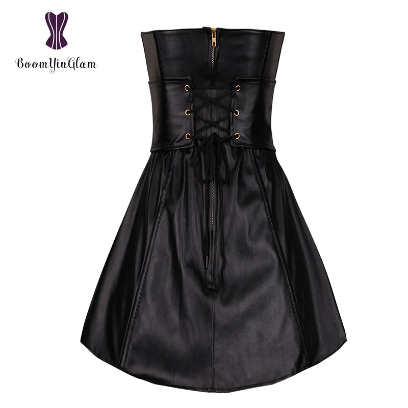 Black Gothic Punk Women's Long Torso Boned Corset Bustier Leather Clubwear Dress Zip Back 9003#