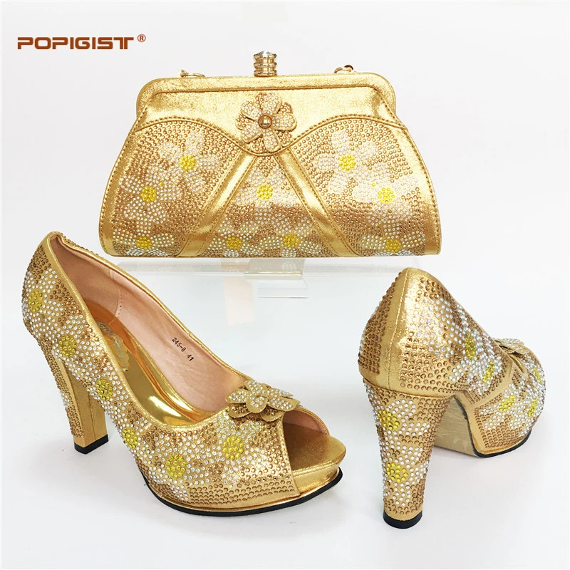 Gold Color Latest Italian Matching Shoes and Bag Set