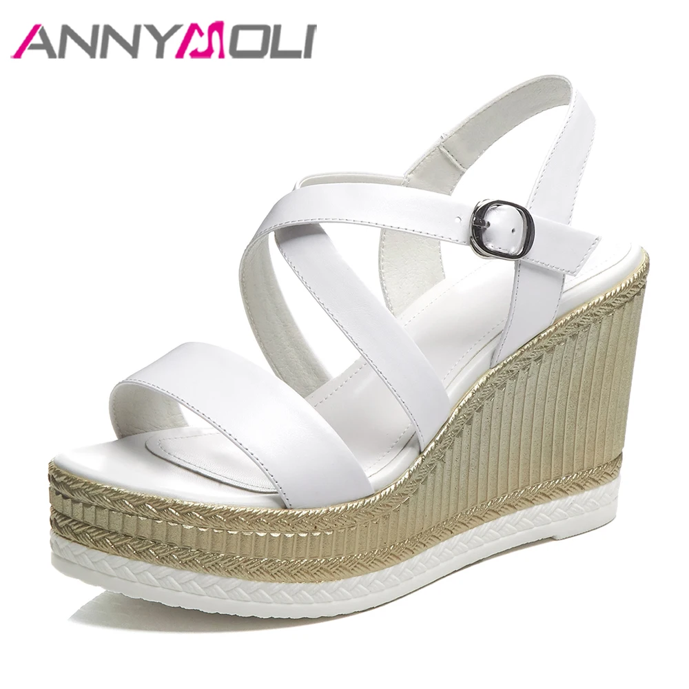 

ANNYMOLI Summer Shoes Women Sandals Natural Genuine Leather Platform Wedge Heel Shoes Buckle Super High Heel Cross Strap Sandals