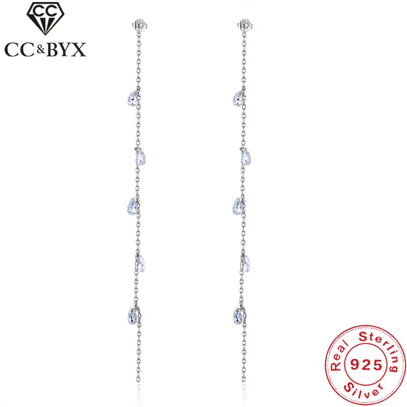 

CC Jewelry CZ Long Drop Earring 925 Sterling Silver Jewelry Fashion Dangle Earrings For Women Bride Engagement Accessory CCE140