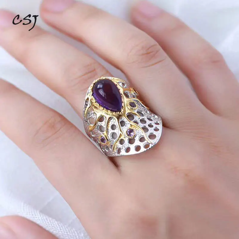 

CSJ New Original Design Amethyst Rings 925 Sterling Silver for Women Party Wedding Engagement Gift Fine Jewelry