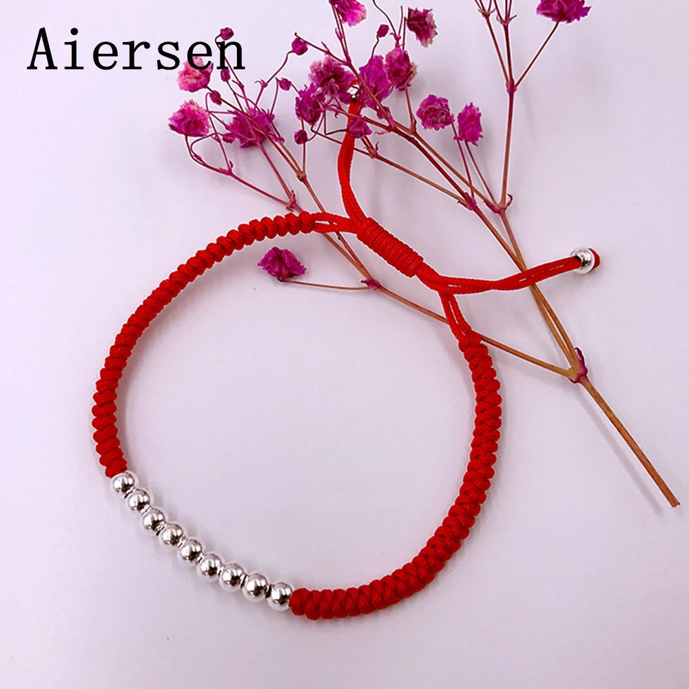 

Aiersen Real 925 Sterling Silver Red Rope String Bracelet for Men and Women Handmade Braided with Round Beads Shifting Lucky