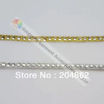 

1 row clear crystal rhinestone ribbon Hot fix metallic diamante tape Rose Gold Silver set for DIY Garment browband wedding