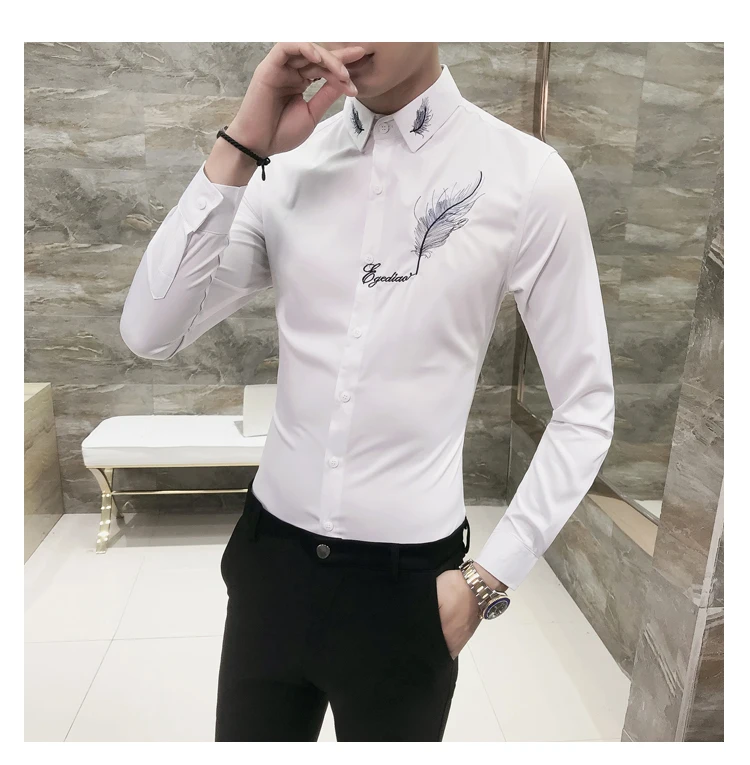 Модные мужские вечерние рубашки, мужские рубашки с длинным рукавом Camisa Social Masculina, мужские черные белые Клубные рубашки с вышивкой