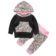 2 шт.! Одежда для маленьких девочек цветочные длинным рукавом с капюшоном футболка платье с топом+ длинные штаны комплекты из 2 предметов