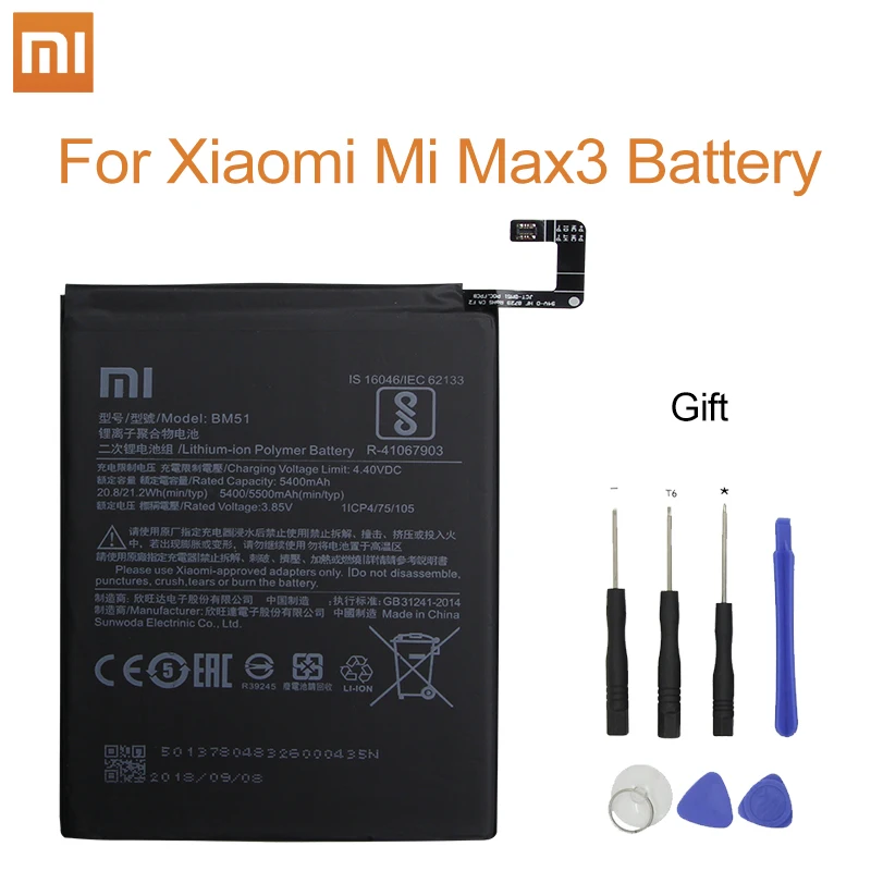 

Xiao Mi Original Phone Battery BM51 5400mAh for Xiaomi Max 3 Max3 High Quality Replacement Batteries Retail Package Free Tools