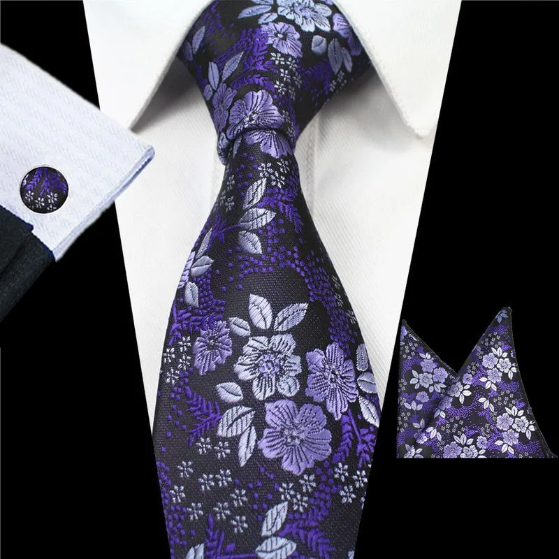 Men Fashion Paisley Dot tie Purple Floral Ties Cufflink Hanky Set
