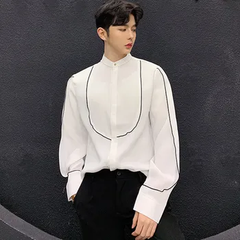 

2019 New Design Spring Autumn Men's Thin Loose Shirt Stand Collar Black White Solid Casual Shirts Fashion Tide Tops Silk Shirts