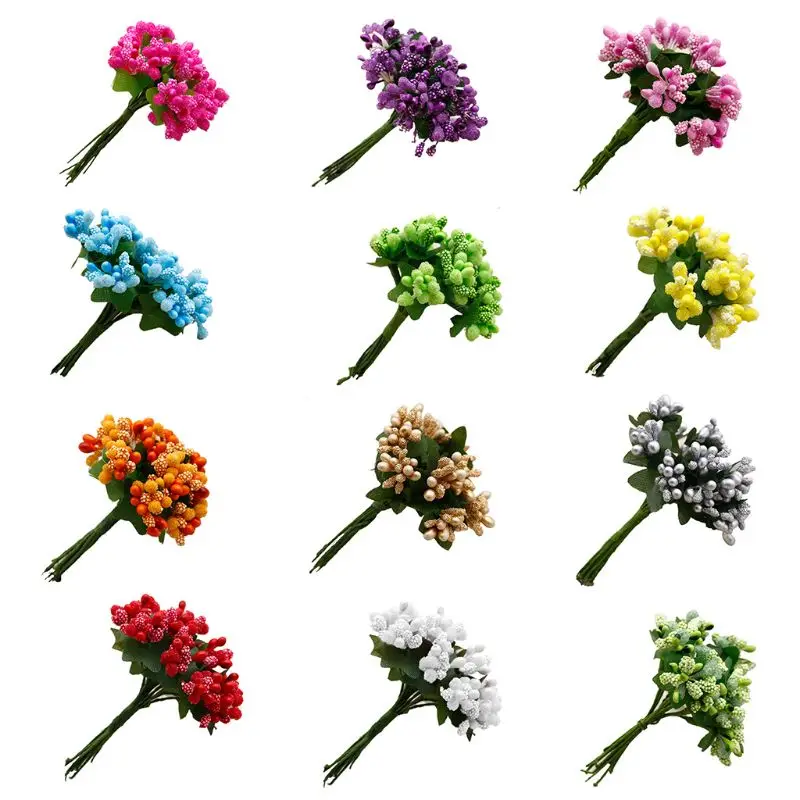 12Pcs Mini Artificial Pip Berries Stem Bunch Foam Fruit Flower Stamens for DIY Craft Wreaths Garland Wedding Box Decoration Gift
