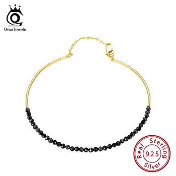 

ORSA JEWELS Silver Bracelet 925 For Women Black Spinel Gemstone Natural Stone Bangle 18K Gold Plated Jewelry Armband OSB46-B
