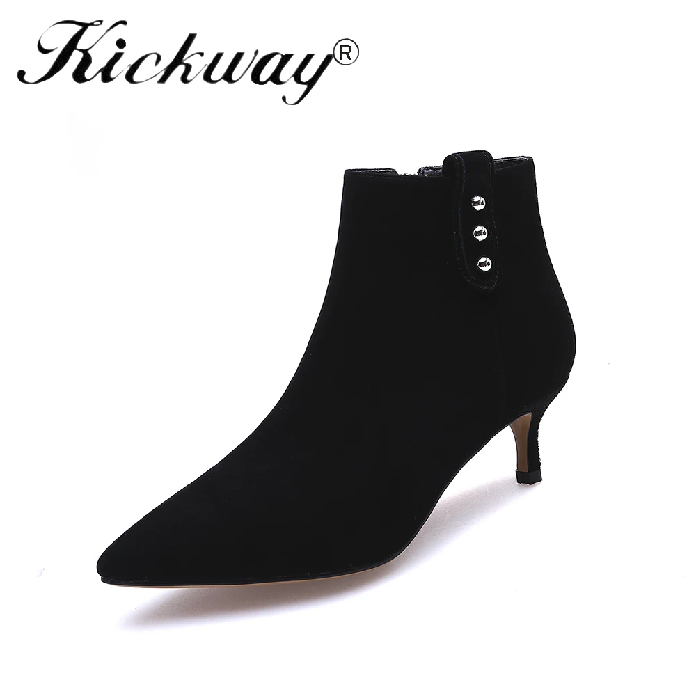 

Kickway Women Ankle Boots Square Med Heel Boots for Woman pointed Toe Fashion Zip Black Autumn Winter Womens Boots Shoes