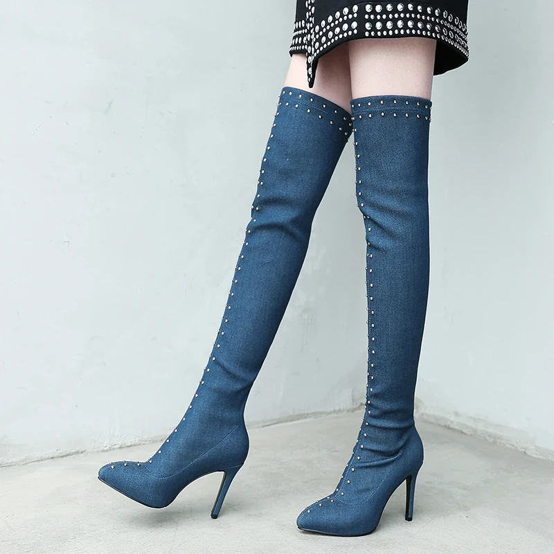 

New Women boot fashion denim Women Over The Knee Boots Lace Up Sexy High Heels Shoes Woman Slim Thigh High Boots Botas 33-39