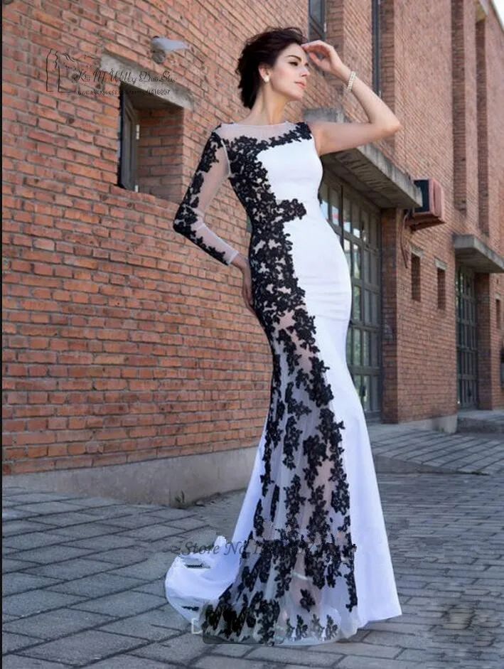 Robe de Soiree Longue White Black Mermaid Evening Dresses Long Sleeve Prom Dress 2017 Formal Women Gowns Lace Abiye Avondjurk Robe de Soiree Longue White Black Mermaid Evening Dresses Long Sleeve Prom Dress 2017 Formal Women Gowns Lace Abiye Avondjurk