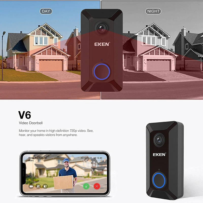 Умный Видеозвонок EKEN V6 с Wi Fi визуальная камера дверным звонком и ночным видением