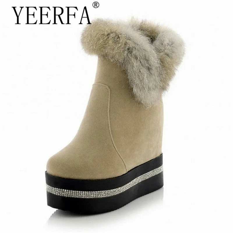 

YIERFA Fashion Rabbit Fur Ankle Boots 2017 Hidden Wedges Snow Boots High Heels Platform Boots Autumn Winter Boots Shoes Woman