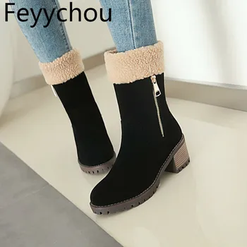 

Women Boots Autumn Winter Warm Plush Flock Mid-calf Snow Round Toe High-heeled Thick Heel 2018 Sexy New Fashion Martin Black