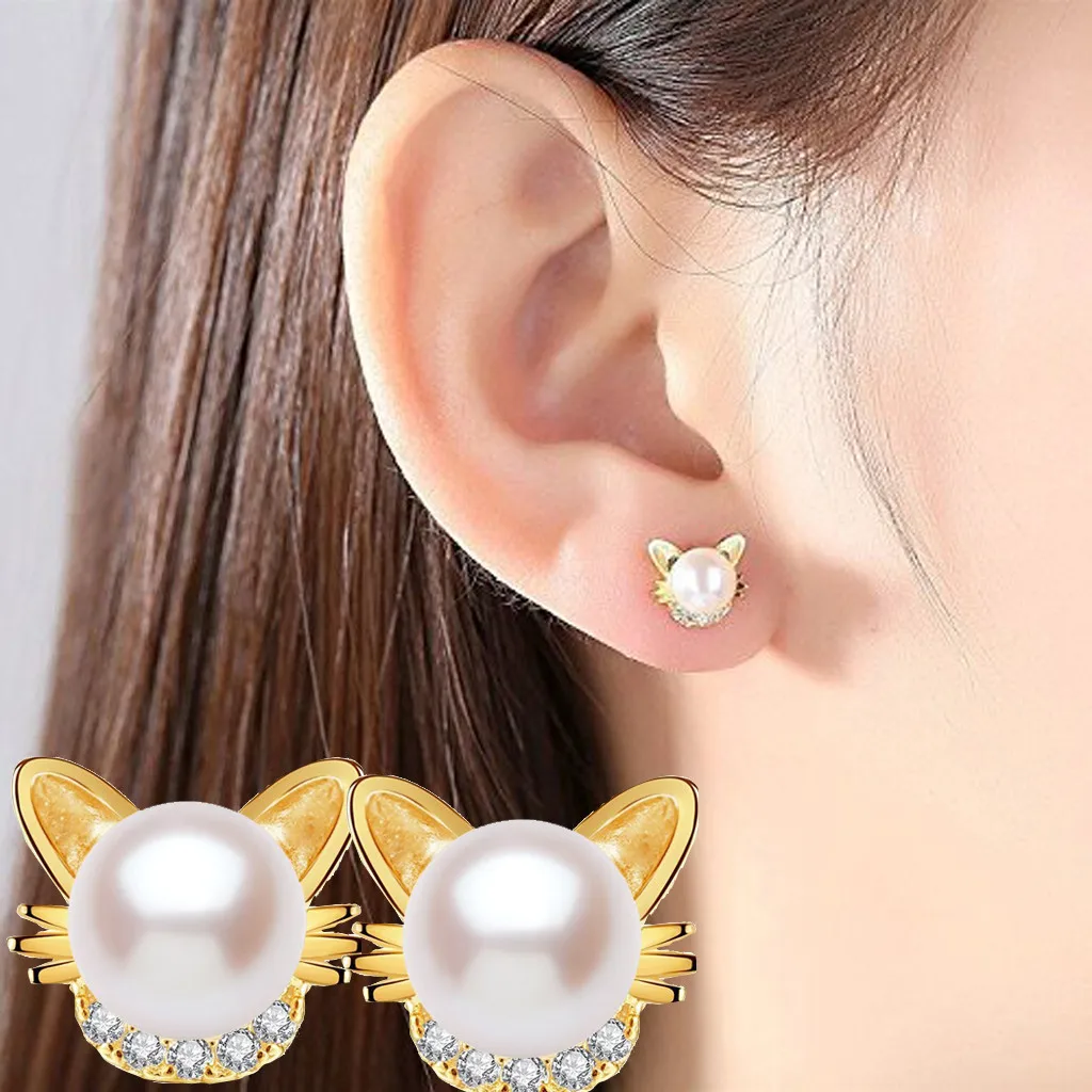 

1 Pair Popular Girl's Cute Cat Ear Earrings And Pearl Earrings Fashion 2019 Brand NEW