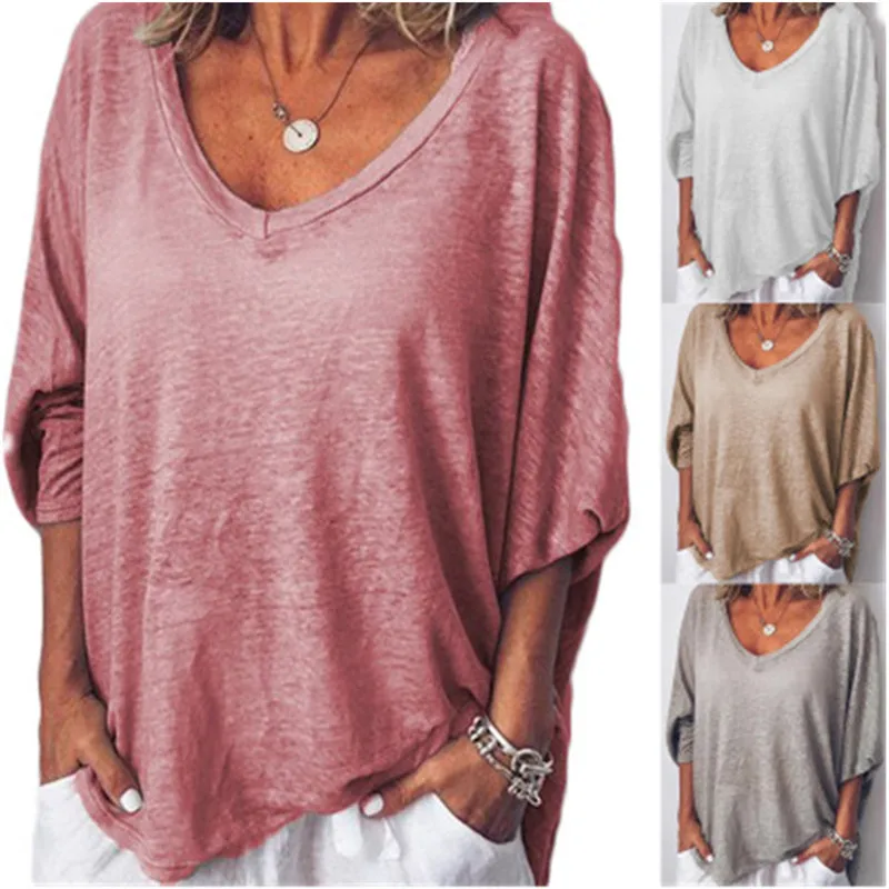 

Casual Loose Plus Size S-5XL Top T Shirt Solid V Neck 3/4 Sleeve Women Summer Basic T-shirt Batwing Sleeve T Shirt Top Tees New