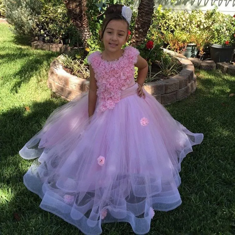 Blush Pink Flower Girl Dresses for Weddings Modest Applique Tulle Party Gown Girls Pageant Dress Kids Formal Wear First Communion Dresses