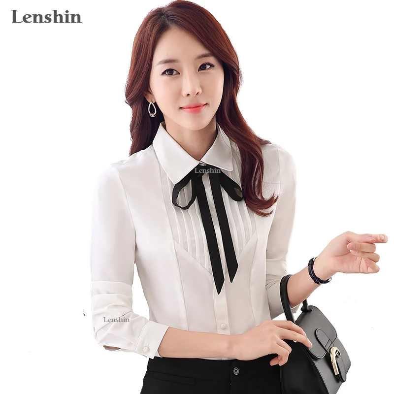 Lenshin pleated shirt with tie female white blouse Office