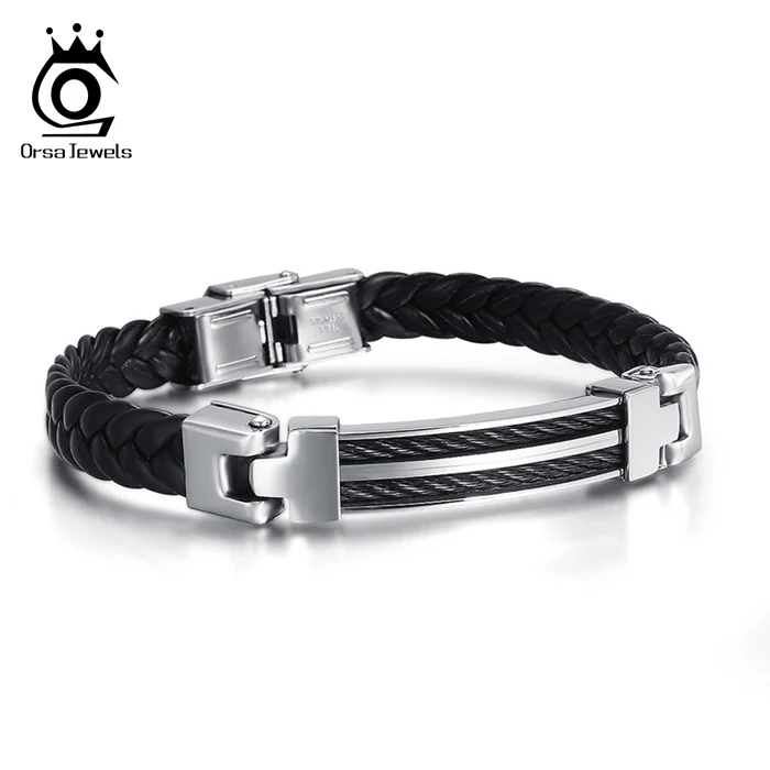 

ORSA JEWELS 2019 New Fashion Men Knitting Leather Bracelet Personality Retro Titanium Steel Male Bangle Bracelets OTB40