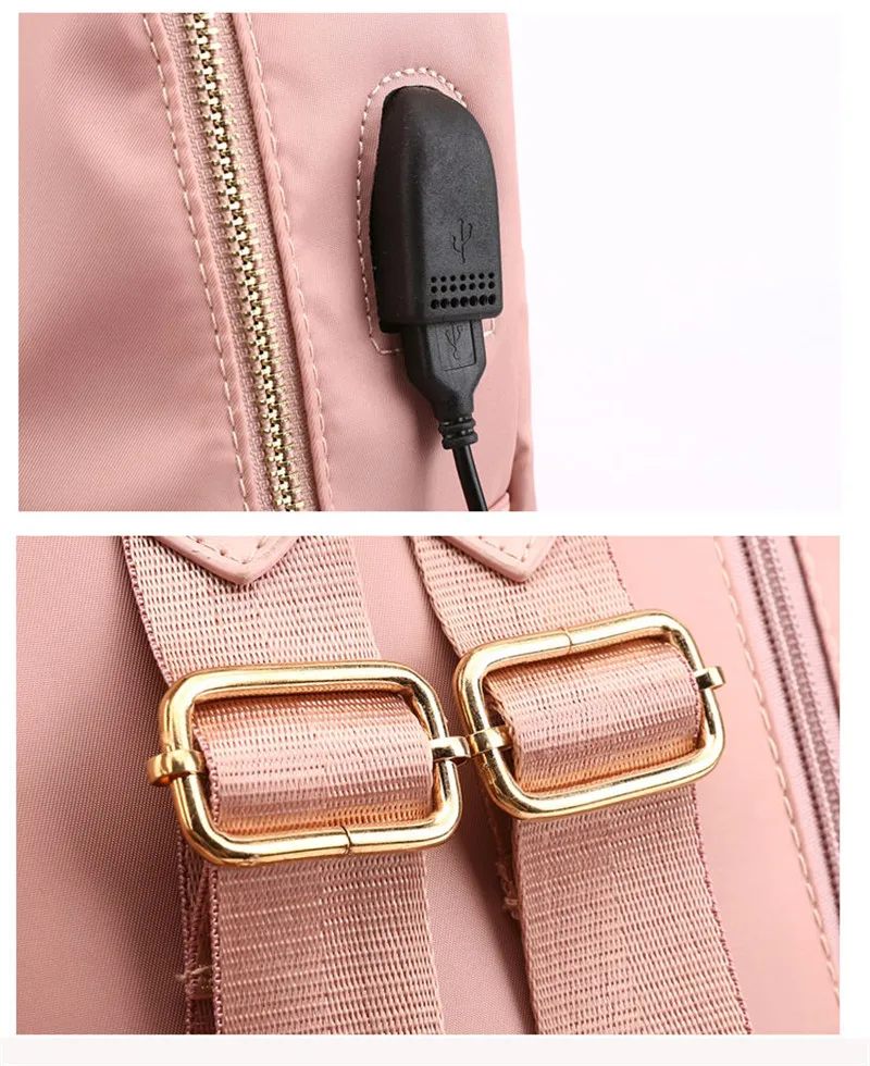Новинка, водонепроницаемый нейлоновый женский рюкзак с зарядкой через USB, повседневные школьные сумки для студентов и ноутбуков, сумки на плечо для девочек, розовый рюкзак с защитой от кражи