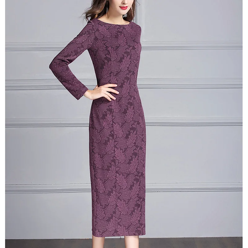 dress damen lange yp2043 winter abend blatt lilaburgund langarm Mode druck weinrot frauen schlank oansatz herbst kleider elegante wX8nPk0O