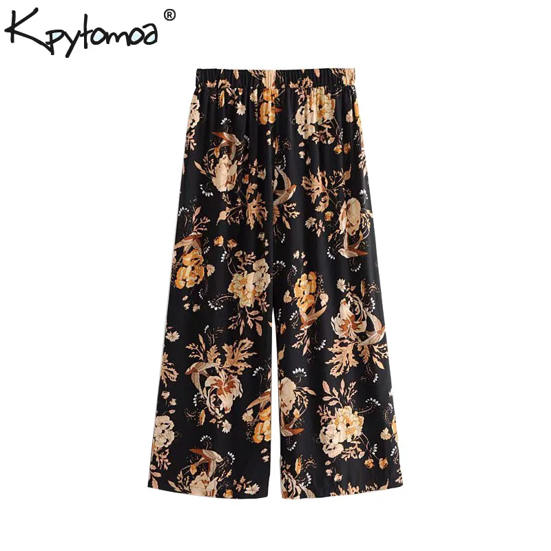 

Boho Chic Summer Beach Vintage Floral Print Wide Leg Pants Women 2019 Fashion Elastic Waist Ladies Calf Trousers Pantalon Mujer