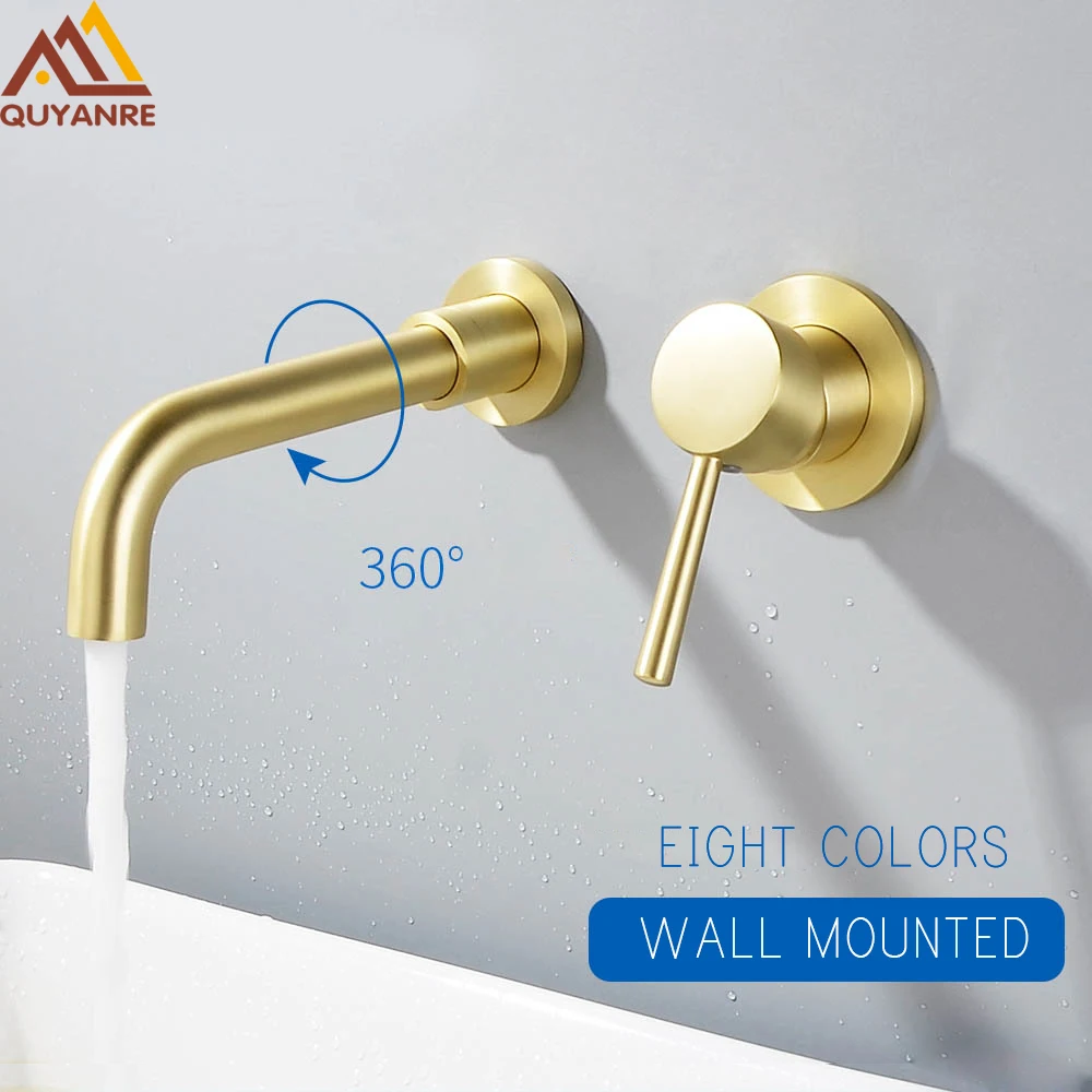 

Quyanre Brushed Gold Basin Faucet Concealed Wall Mounted Faucet Tap 360 Rotation Single Handle Hot Cold Water Bath Mixer Tap